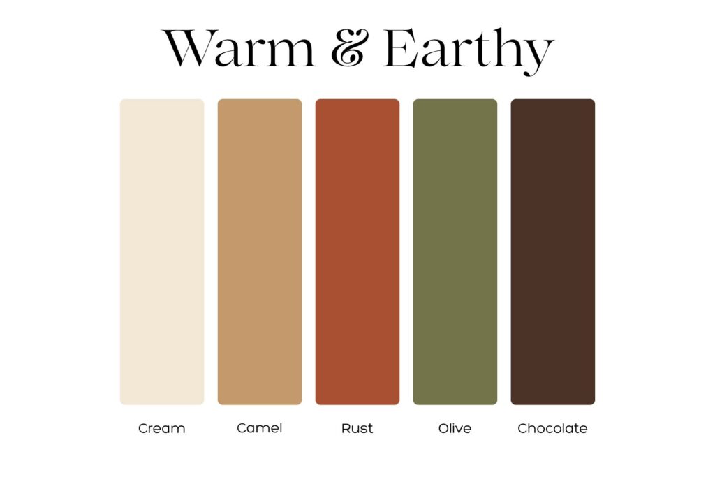 Warm and Earthy fall photos color palette with cream, camel, rust, olive, and chocolate.