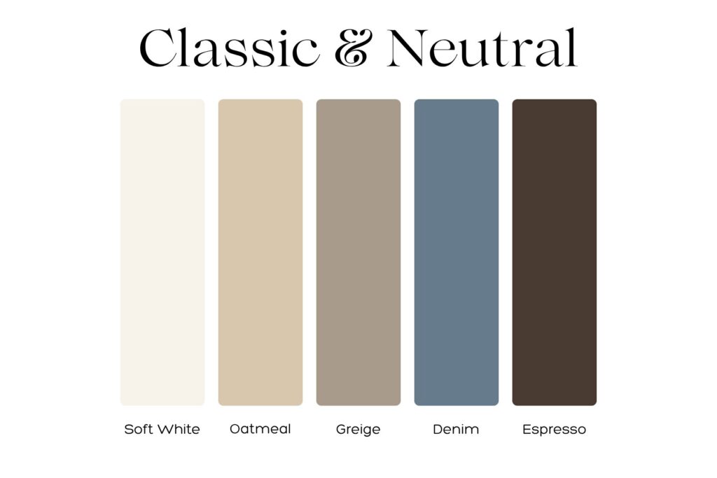 Classic and neutral color palette for family portraits, showing soft white, oatmeal, greige, denim, and espresso.