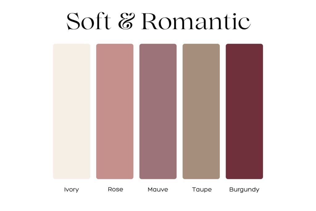Soft and Romantic color palette for family portraits shows ivory, rose, mauve, taupe, and burgundy.