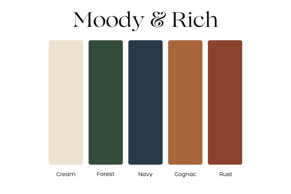 Moody and Rich fall photo color palette with cream, forest, navy, cognac, and rust.